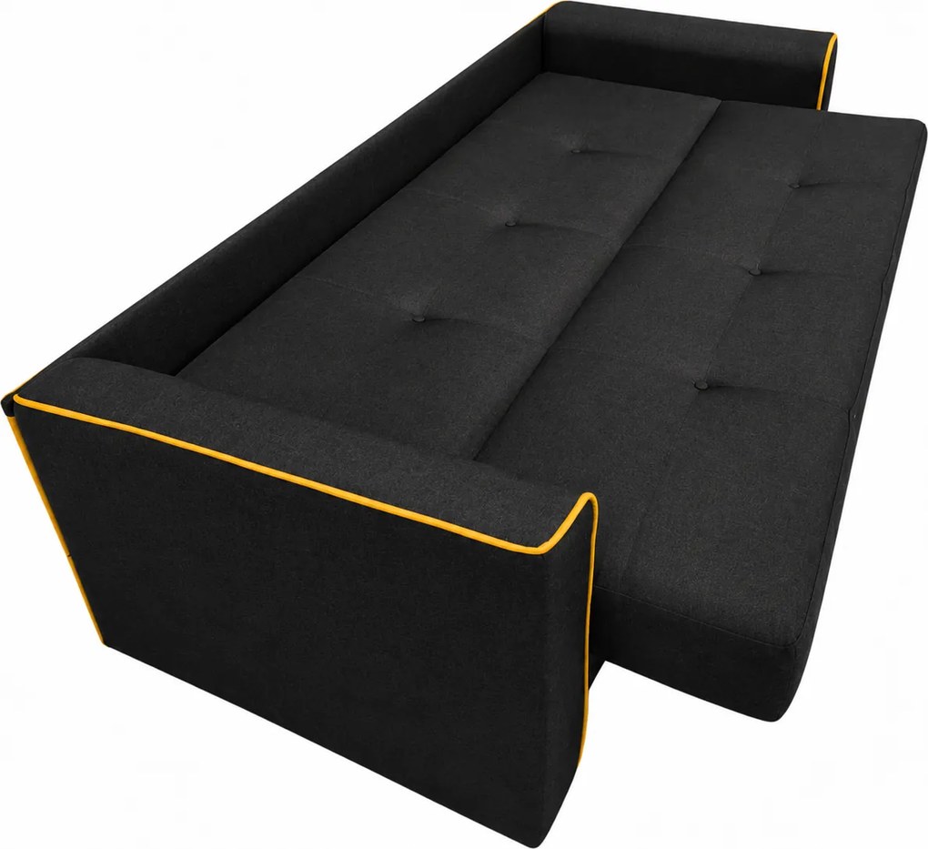 Canapea VERA extensibila, 3 locuri, lada de depozitare, stofa antracit + mustar, 225x90x90 Negru, Stofa