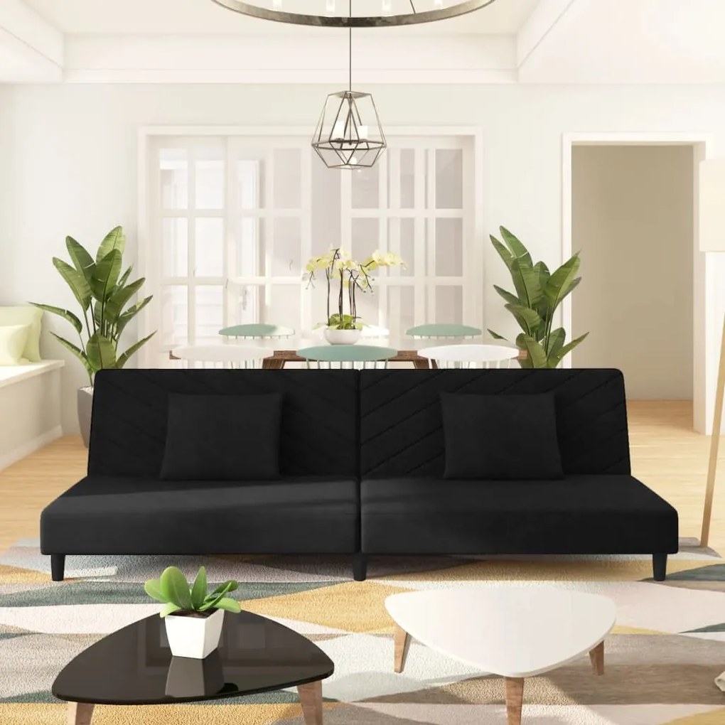 337623 vidaXL Canapea extensibilă cu 2 locuri, 2 perne, negru, catifea
