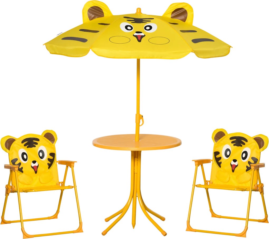 Outsunny Set de Grădină 4 Piese pentru Copii cu Model Tigru și Măsuță Rotundă, 2 Scaune Pliabile și o Umbrelă Reglabilă, Măsuță cu Scaune pentru Copii 3-6 Ani de Exterior, Galben | Aosom Romania