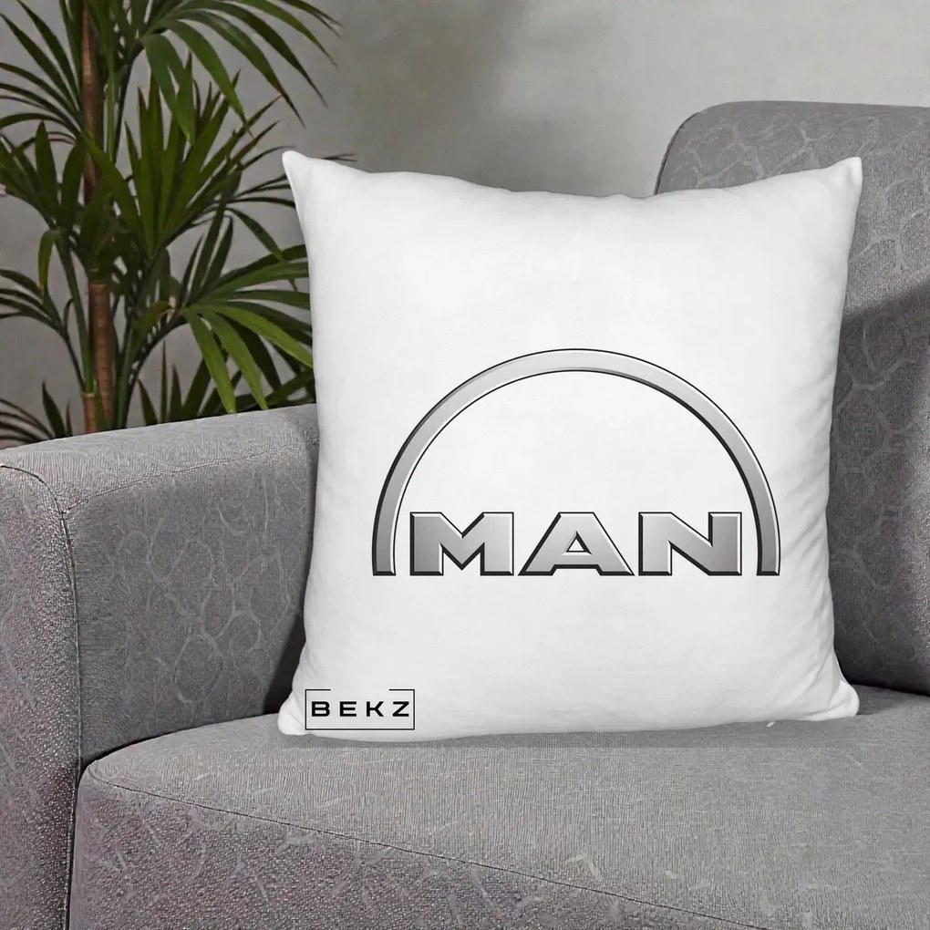 Perna Personalizata cu emblema MAN, 40x40 cm, Alb Pufos, Husa Detasabila, Perna Inclusa, BEKZ®
