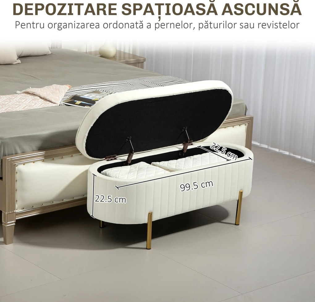 HOMCOM Bancă de Depozitare de Intrare Ovală 72L, Design Canelat cu Capac Rabatabil și Scaun Capitonat, Bancă de la Capătul Patului, Pouf, în Velur și cu Picioare din Lemn de Pin, 108x44x43.5 cm, Crem | Aosom Romania