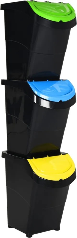 vidaXL Coșuri de gunoi stivuibile cu capace, 3 buc., negru, 120 L, PP