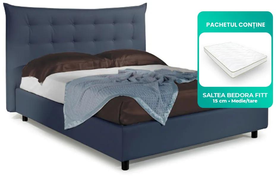 Pat Dormitor Matrimonial Bed&Sofa Debora iSomn 160x200 cm, fara lada de depozitare, piele ecologica, albastru inchis
