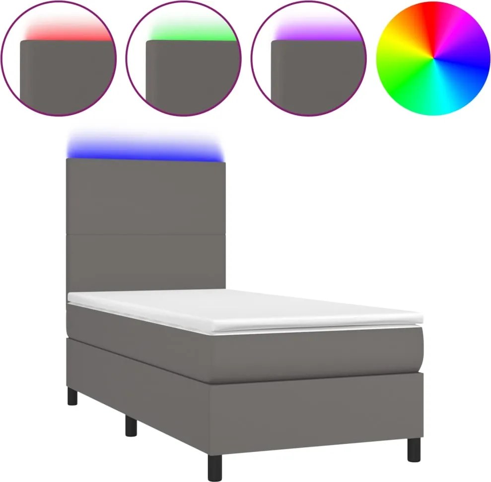 vidaXL Pat cu arcuri, saltea și LED, gri, 90x190 cm, piele ecologică