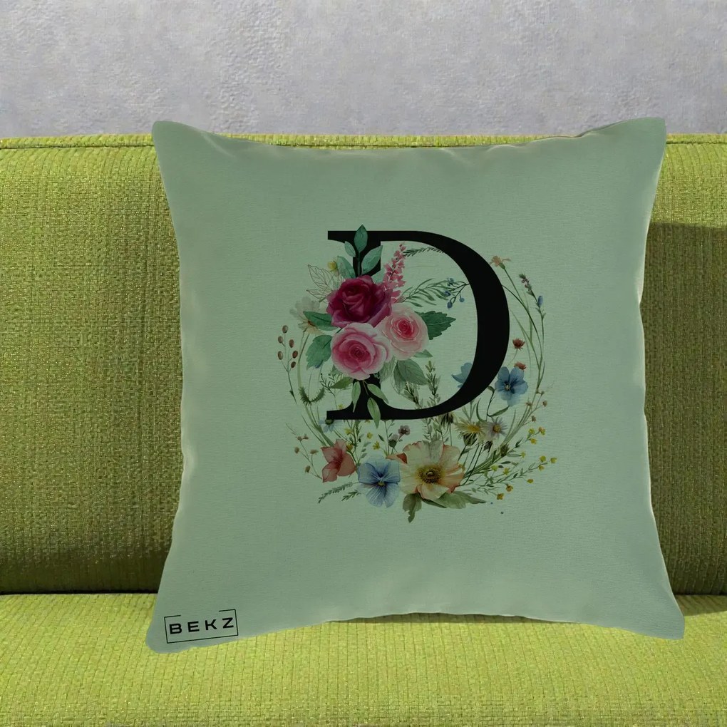 Cadou Personalizat - Perna Personalizata Monogram Litera D cu Flori Acuarela, 40x40 cm, Verde, Husa Detasabila, Perna Inclusa, BEKZ®