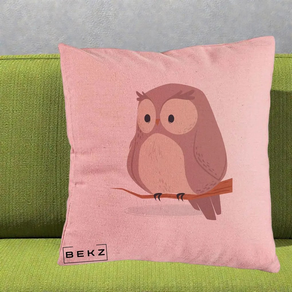 Perna Decorativa Bufnita Kawaii pe Creanga, 40x40 cm, Roz, Husa Detasabila, Perna Inclusa, BEKZ®