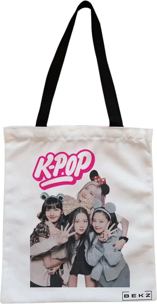 Sacosa de Panza pentru Cumparaturi, Geanta Tote, model Blackpink k-pop, Cu fermoar, 38x34.5 cm, Alba, BEKZ®