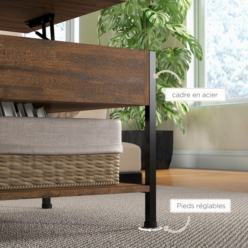 HOMCOM Masă de cafea ridicabilă masă de salon cu compartiment ascuns și 2 rafturi inferioare 100 x 80 x 60 cm maro rustic negru | Aosom Romania