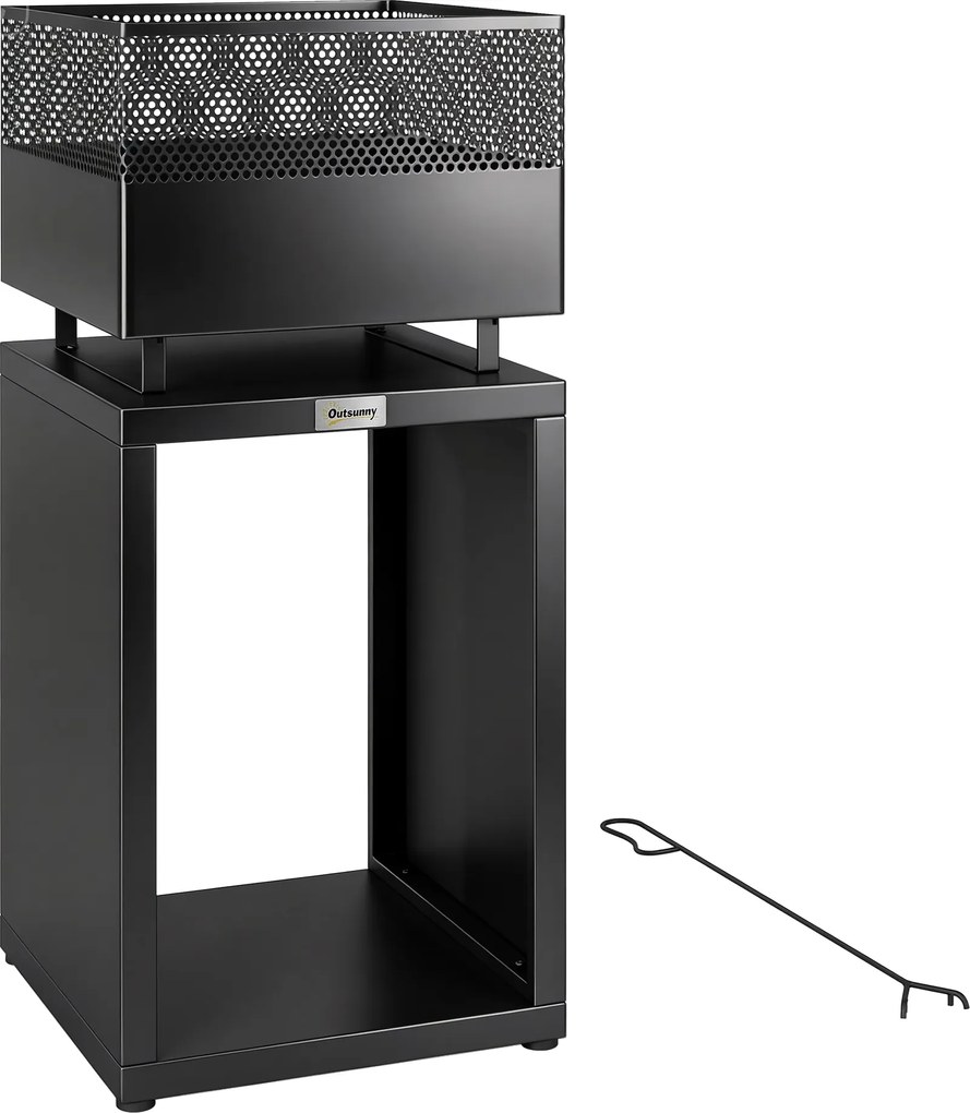 Outsunny Cuva pentru foc 39 x 39 x 87 cm șemineu cu depozit pentru lemne grilaj pentru cărbune picioare reglabile, Schwarz | Aosom Romania