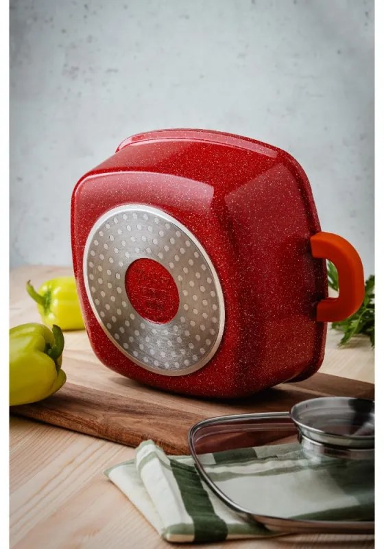 Cratita cu dozator Oliver Voltz OV54323B22A, 22 cm, 3.5 L, Capac sticla, Acoperire granit, Inductie, Rosu