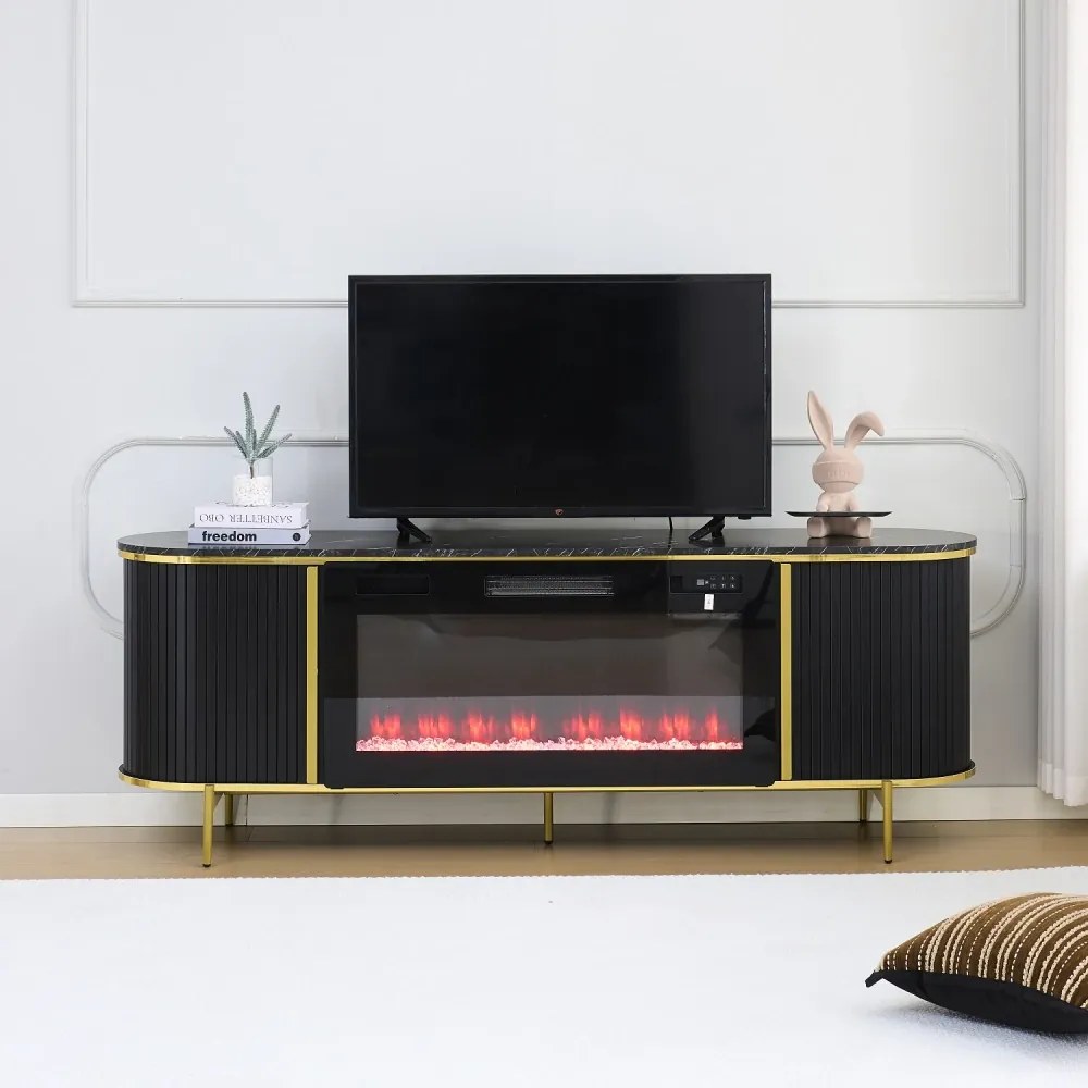 Comodă TV cu șemineu electric cu Încălzire, iluminare LED , 12 culori, Telecomandă, 180 cm, MOB190 Negru