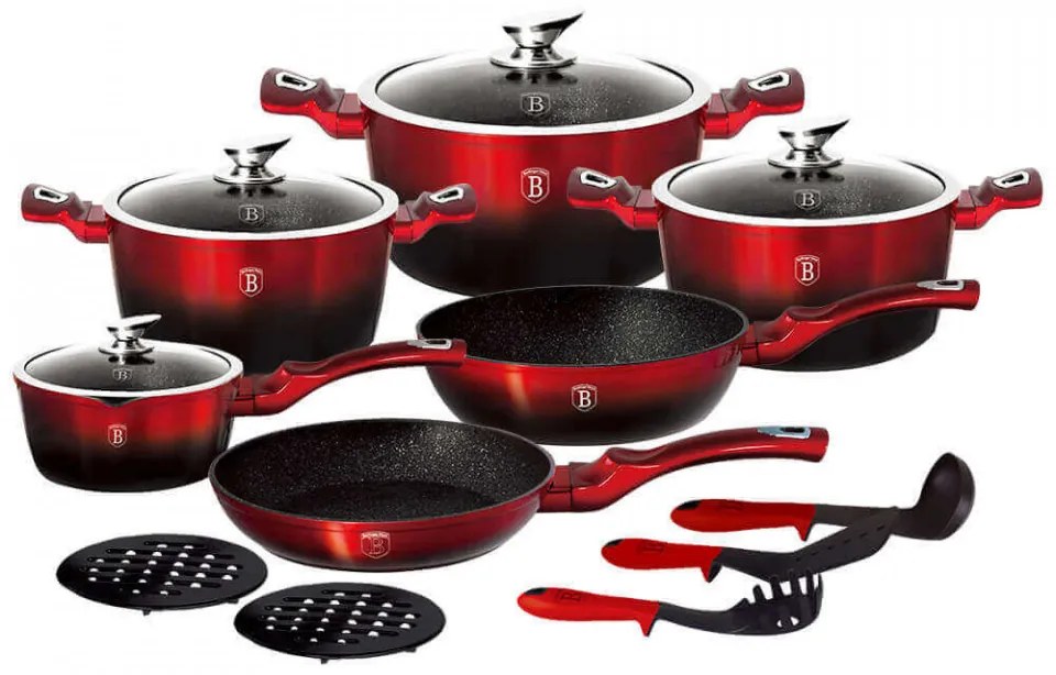 Set oale si tigai marmorate (15 piese) din aluminiu forjat Black Burgundy Metalic Line Berlinger Haus BH 1632N