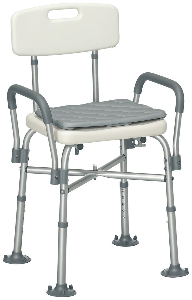 HOMCOM Scaun de Baie din Aluminiu Reglabil, cu Spătar și Brațe, Pernă Moale, Antialunecare, Alb | Aosom Romania