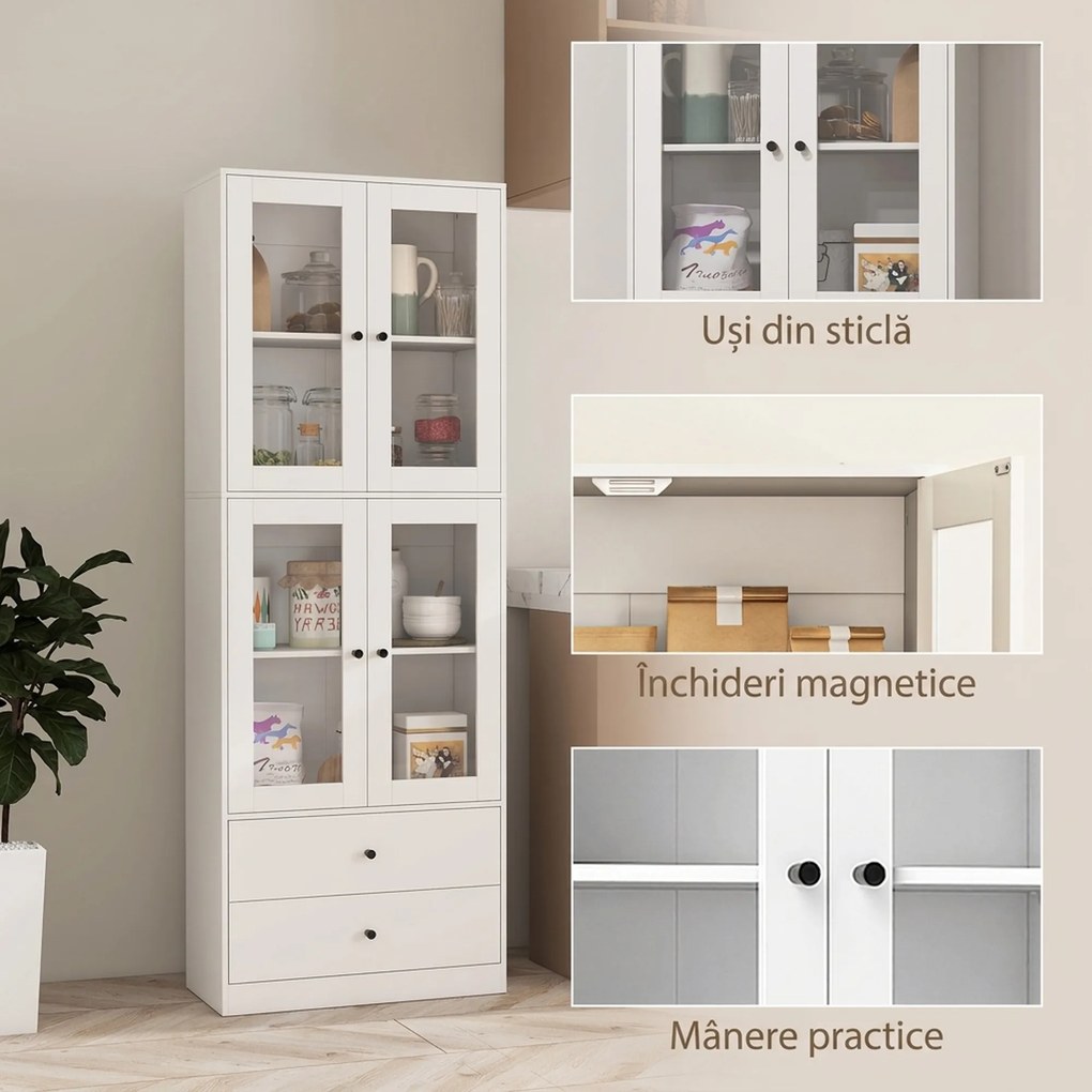 HOMCOM Vitrină Înaltă de Bucătărie 170 cm, 4 Uși din Sticlă, 2 Sertare, Polițe Reglabile, pentru Dining și Living, Alb | Aosom Romania