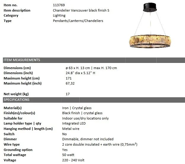 Candelabru design LUX Vancouver S, diam.63cm 113769 HZ
