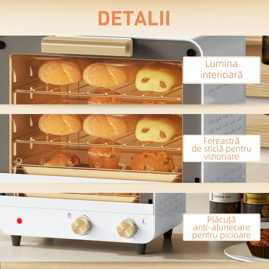 HOMCOM Cuptor Electric cu 2 Înălțimi cu Temporizator și Temperatură Reglabilă, 31,5x27,7x22,7 cm, Alb | Aosom Romania