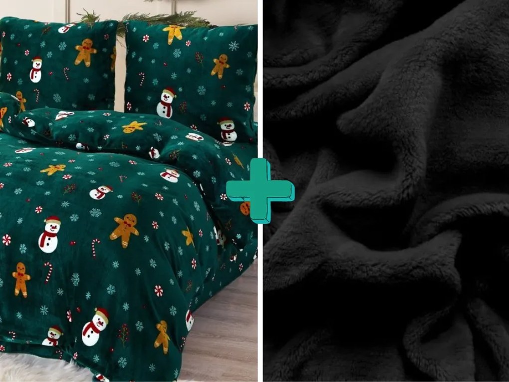 Lenjerie de pat din microplus SNOWMAN AND GINGERBREAK verde + cearsaf din microplus SOFT 90x200 cm negru