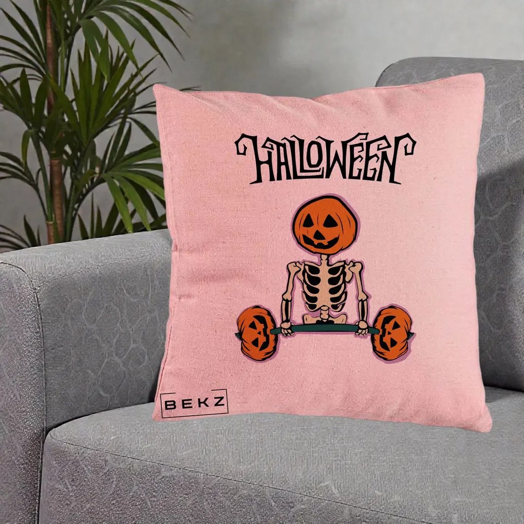 Perna Decorativa Halloween Schelet cu Cap de Dovleac Powerlifting, 40x40 cm, Roz, Husa Detasabila, Perna Inclusa, BEKZ®
