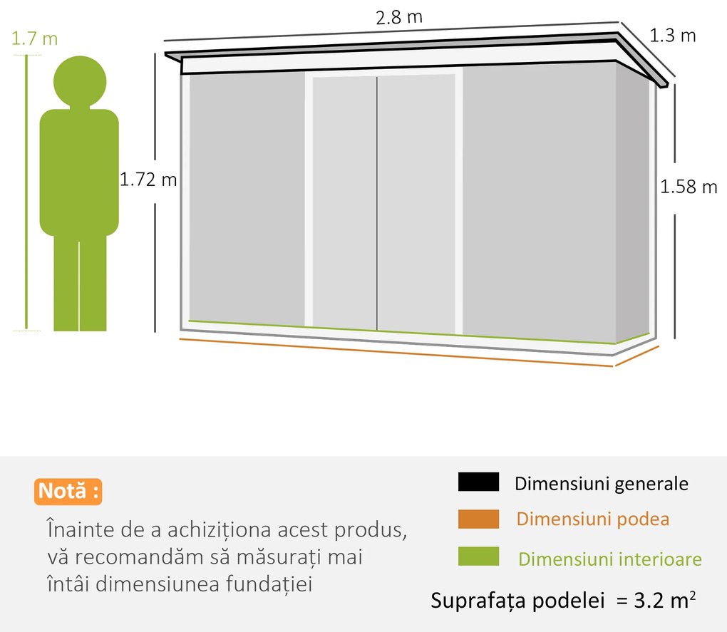 Outsunny Magazie de Grădină pentru Unelte din Tablă de Oțel cu Uși Culisante, 213x130x185 cm, Verde | Aosom Romania