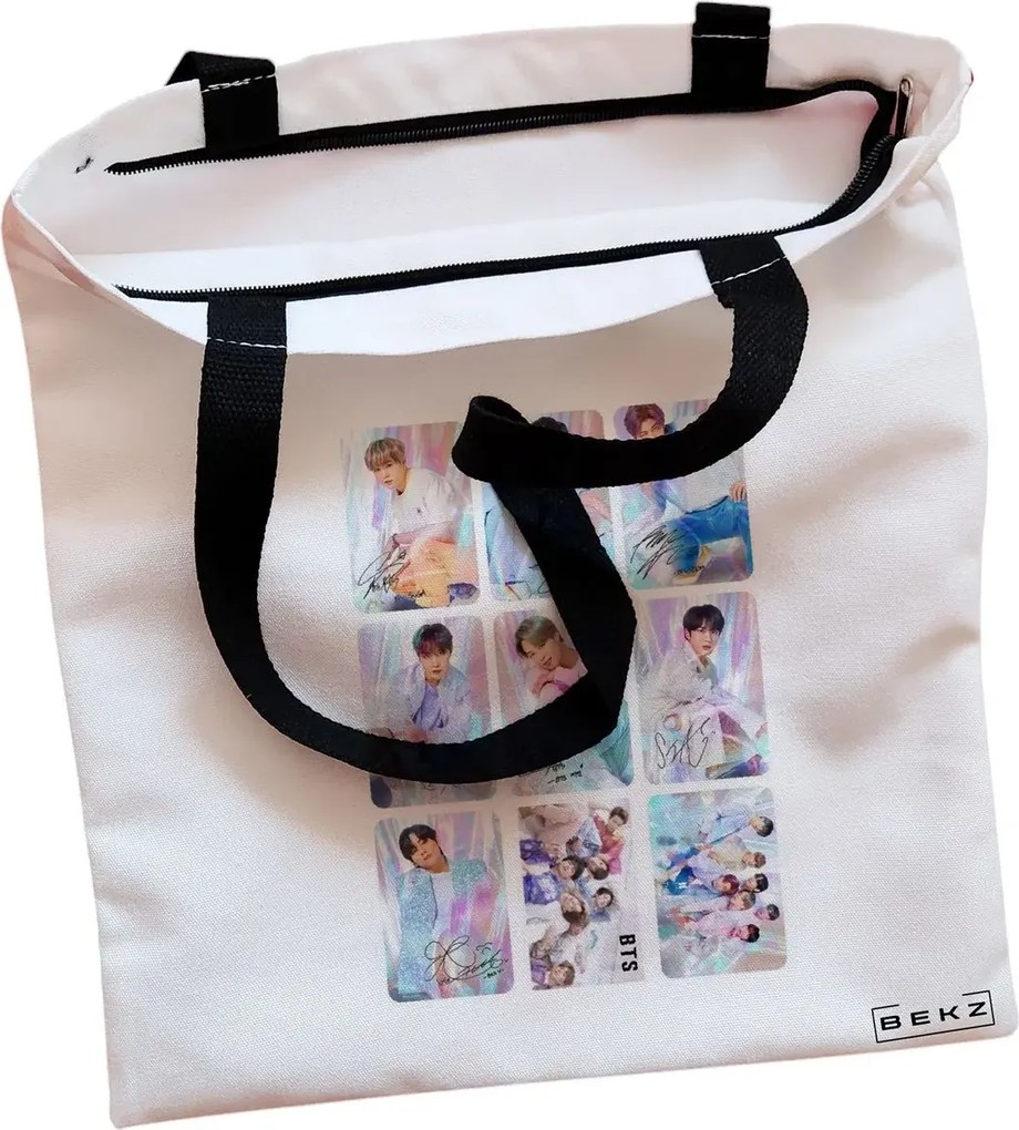 Sacosa de Panza pentru Cumparaturi, Geanta Tote, model BTS Army 11, Cu fermoar, 38x34.5 cm, Alba, BEKZ®