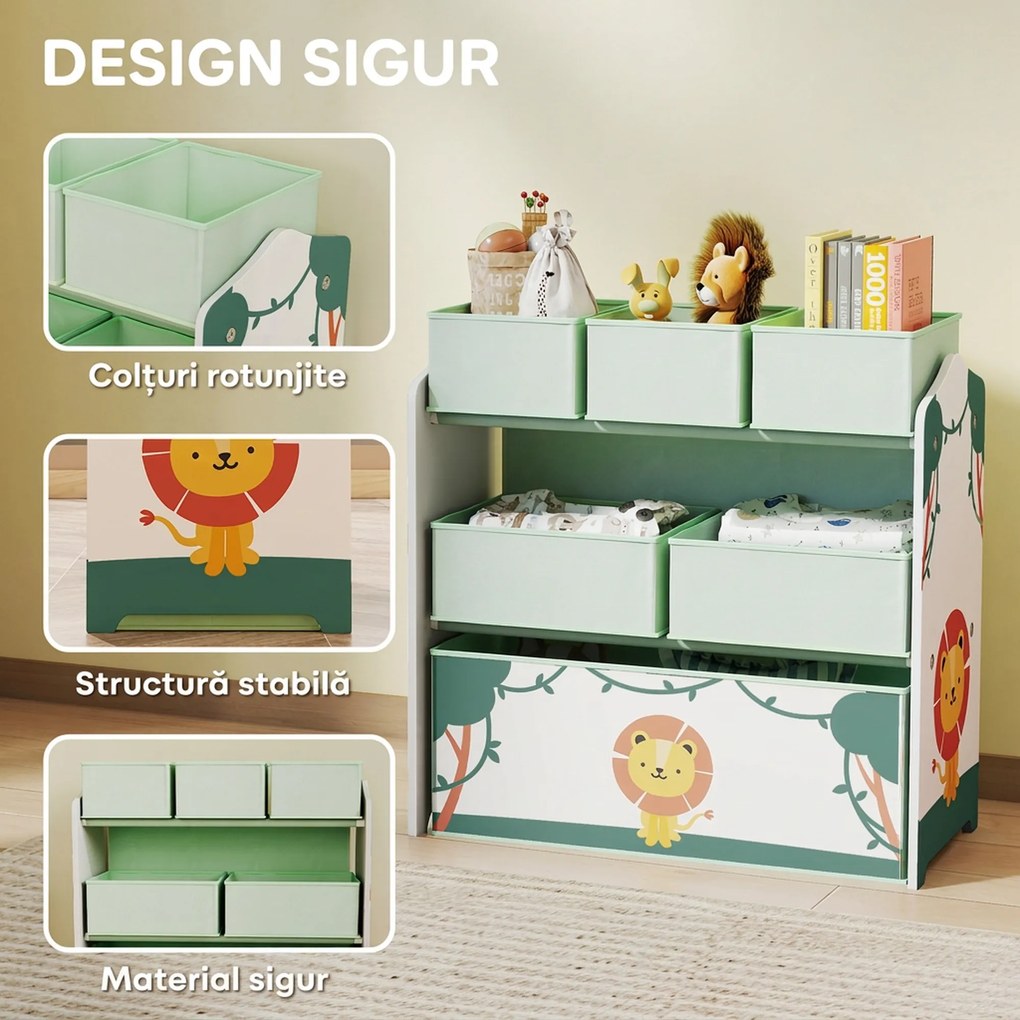 AIYAPLAY Raft pentru Jucării Copii cu 3 Niveluri și 6 Containere Detașabile din Material Textil, Mobilier Organizator pentru Dormitor, Cameră de Joacă și Sufragerie, Verde | Aosom Romania