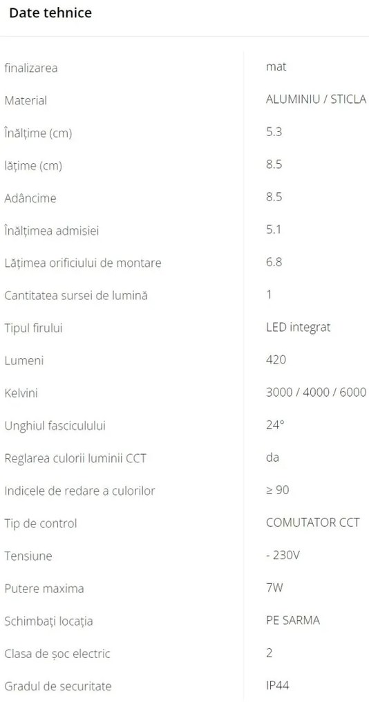 Spot LED incastrabil tavan IP44 CLEAN S 7W CCT SWITCH