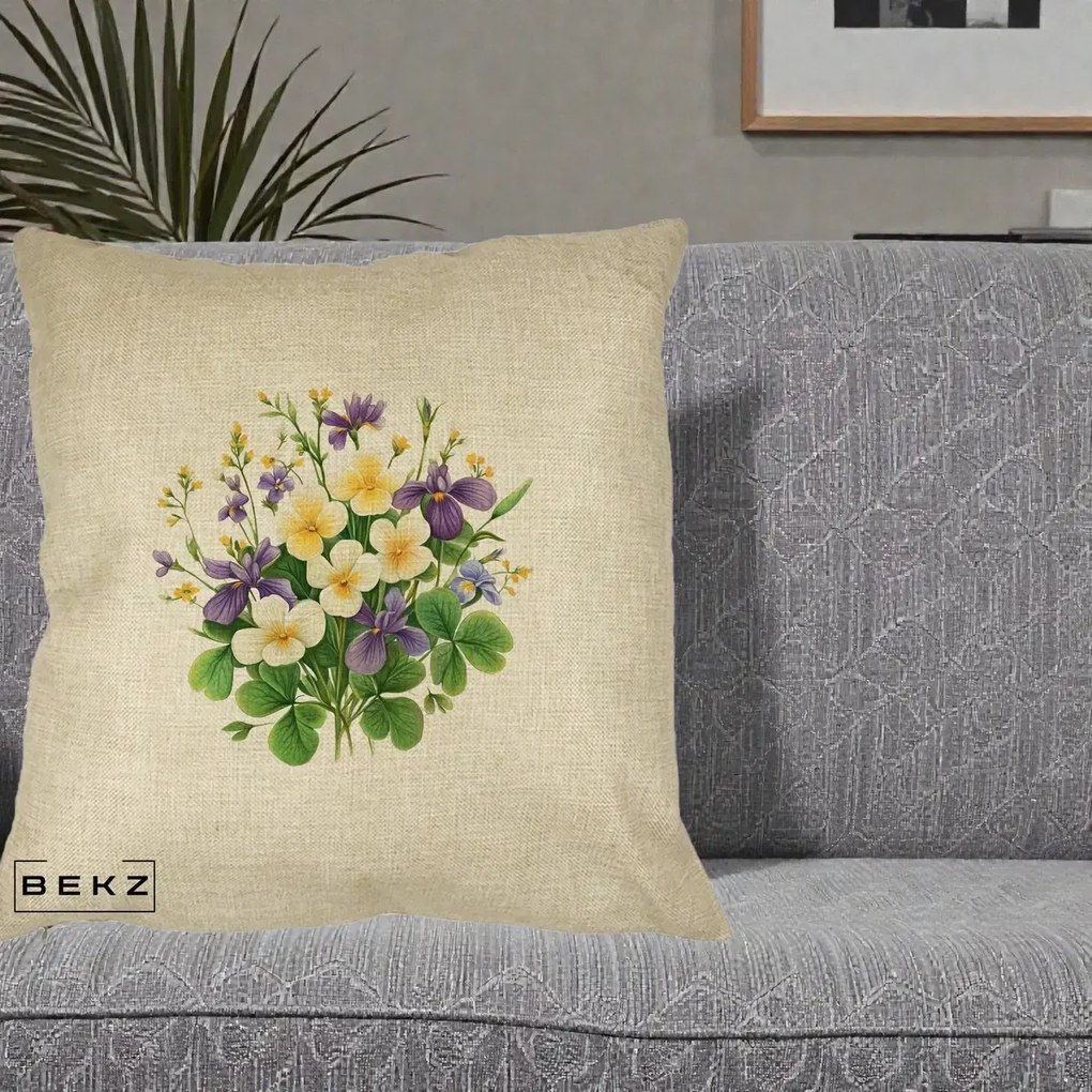 Perna Decorativa Viorele Iris Violet si Trifoi, 40x40 cm, Crem, Husa Detasabila, Perna Inclusa, BEKZ®