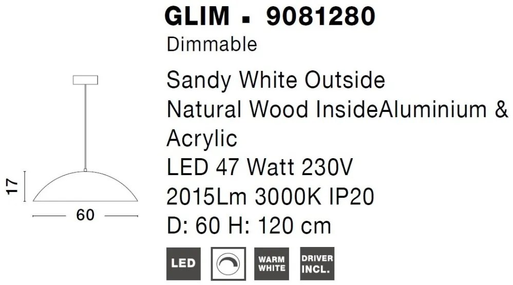 Pendul LED dimabil design modern GLIM alb 60cm