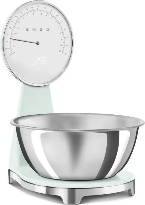 Cantar de bucatarie Smeg KSF01PGWW, Afisaj analogic si digital, Pana la 5 kg/5 l, Functie TARA, Afisaj LED, Baterie reincarcabila, Verde pastel