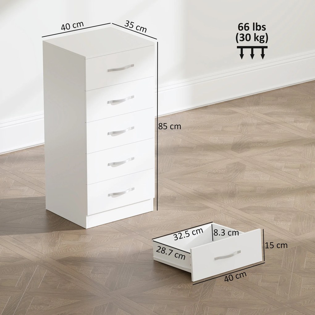 HOMCOM Comodă cu 5 Sertare, Design Modern, Slim, cu Mânere Argintii, Ideală pentru Dormitor, Cameră, Hol sau Living, Dimensiuni 40x35x85 cm, Alb | Aosom Romania