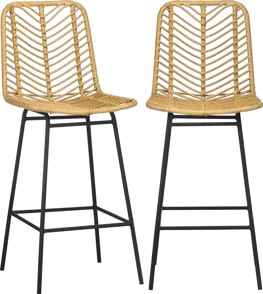 HOMCOM Lot de 2 taburete de bar design boem Înălțime 66 cm cu suport pentru picioare din metal și răchită PE, natural | Aosom Romania