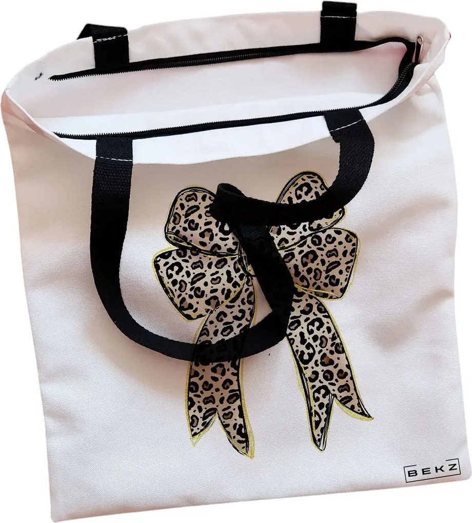 Sacosa de Panza pentru Cumparaturi, Geanta Tote, model Leopard Bow, Cu fermoar, 38x34.5 cm, Alba, BEKZ®