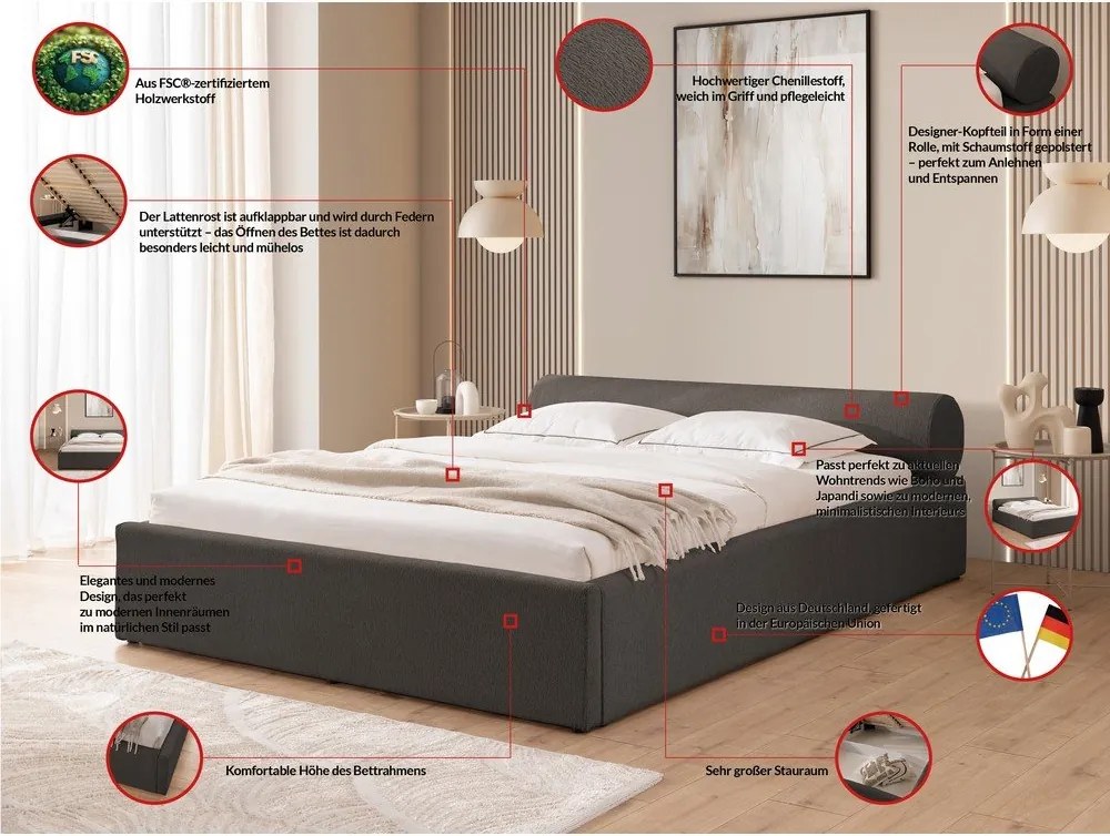 Pat matrimonial gri închis tapițat cu spațiu de depozitare cu somieră 200x200 cm Cille – Ropez