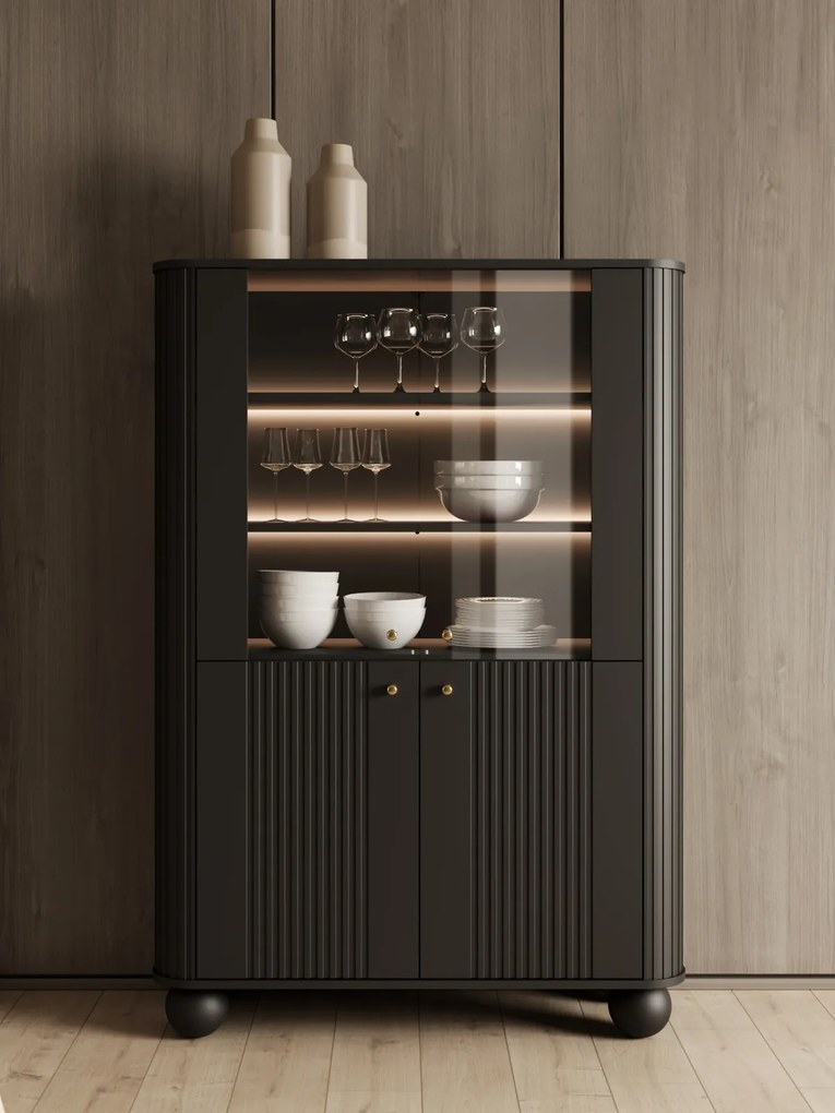 Vitrină cu patru uși Vesper 103 cm - negru / mânere aurii / picioare rotunde