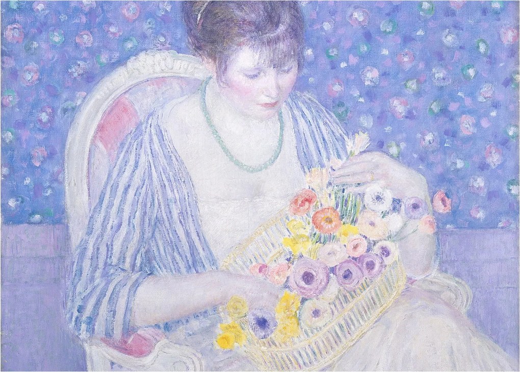 Tablou pe sticlă - Frederick Carl Frieseke, The Basket of Flowers, reproducere (70x50 cm)