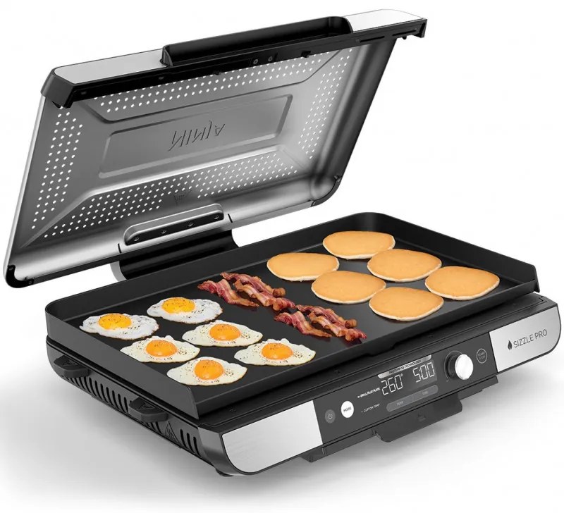 Grătar electric Ninja Sizzle Pro XL GX101EU, 1800W, 120°-260°C, 2 pliante ceramice, 10 burgeri, ProTemp IQ, Capac de schimb, Ceren/Inox