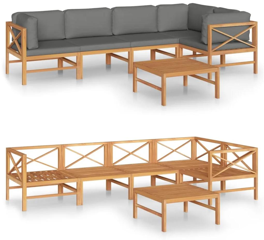 Set mobilier gradina cu perne gri, 6 piese, lemn masiv de tec Gri, 2x mijloc + 3x colt + masa, 1