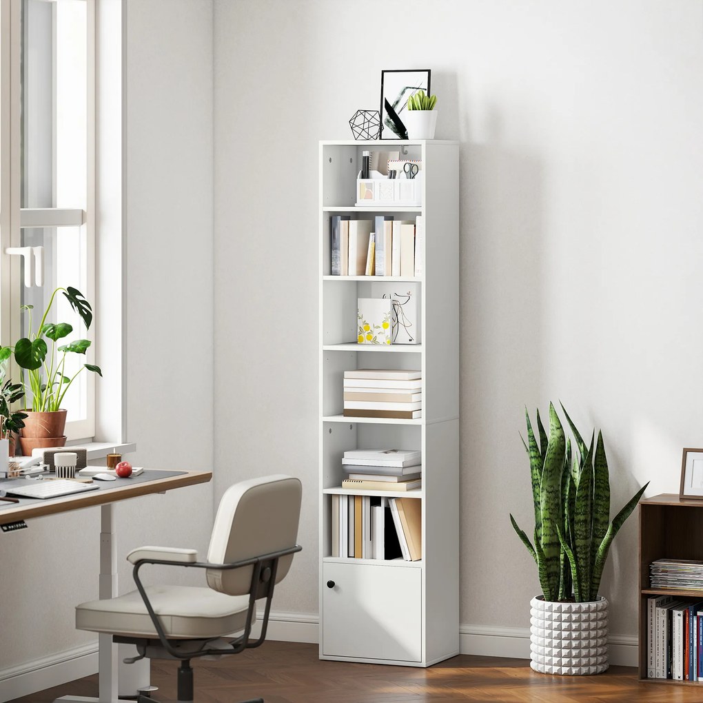 HOMCOM Bibliotecă de 7 Niveluri Etajeră Modernă pentru Cărți cu Polițe Deschise și Ușă 40x30x180 cm Alb | Aosom Romania