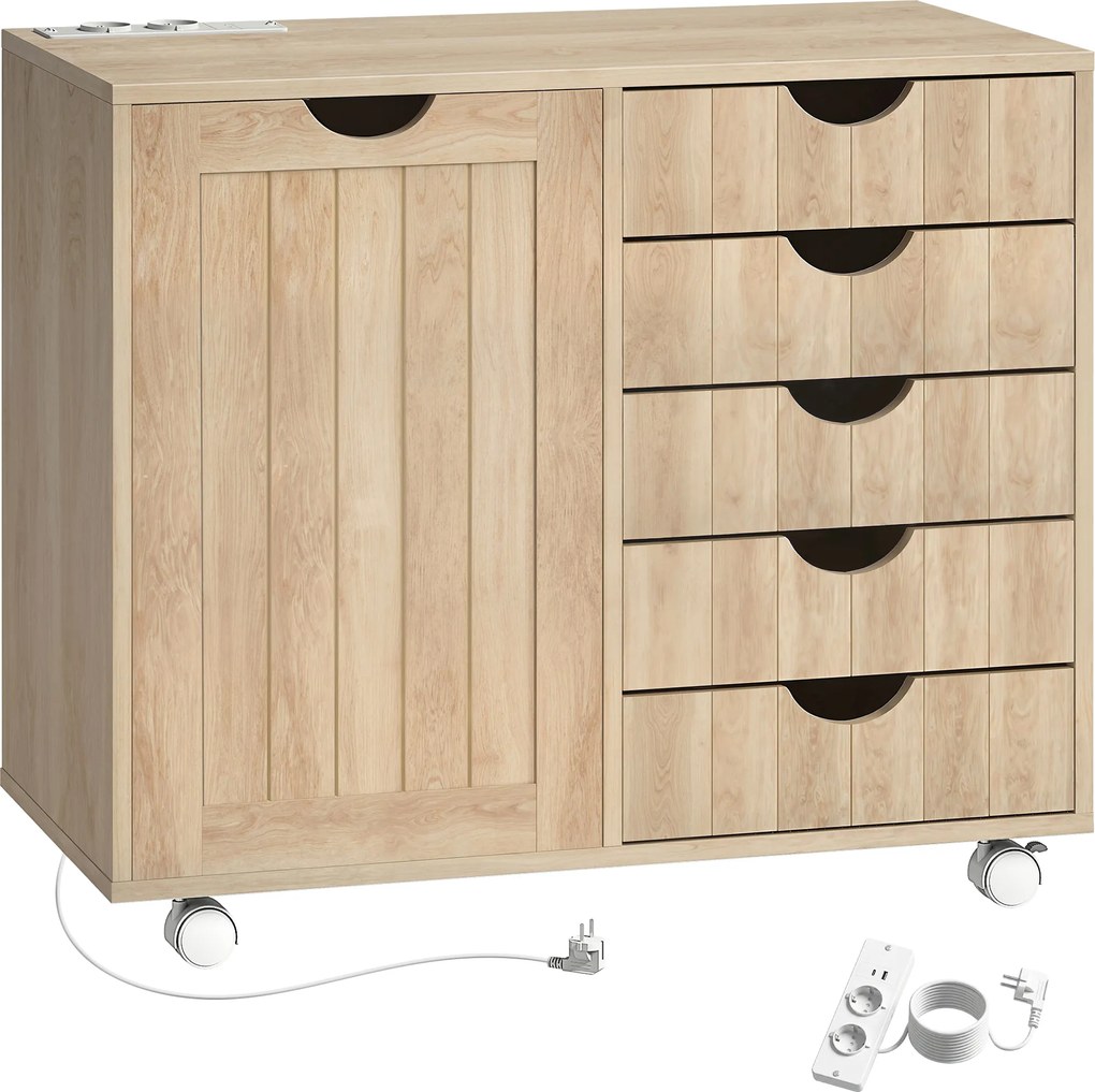 HOMCOM Mobilier pentru imprimantă cu stație de încărcare și roți 5 sertare porturi USB poliță reglabilă natural | Aosom Romania