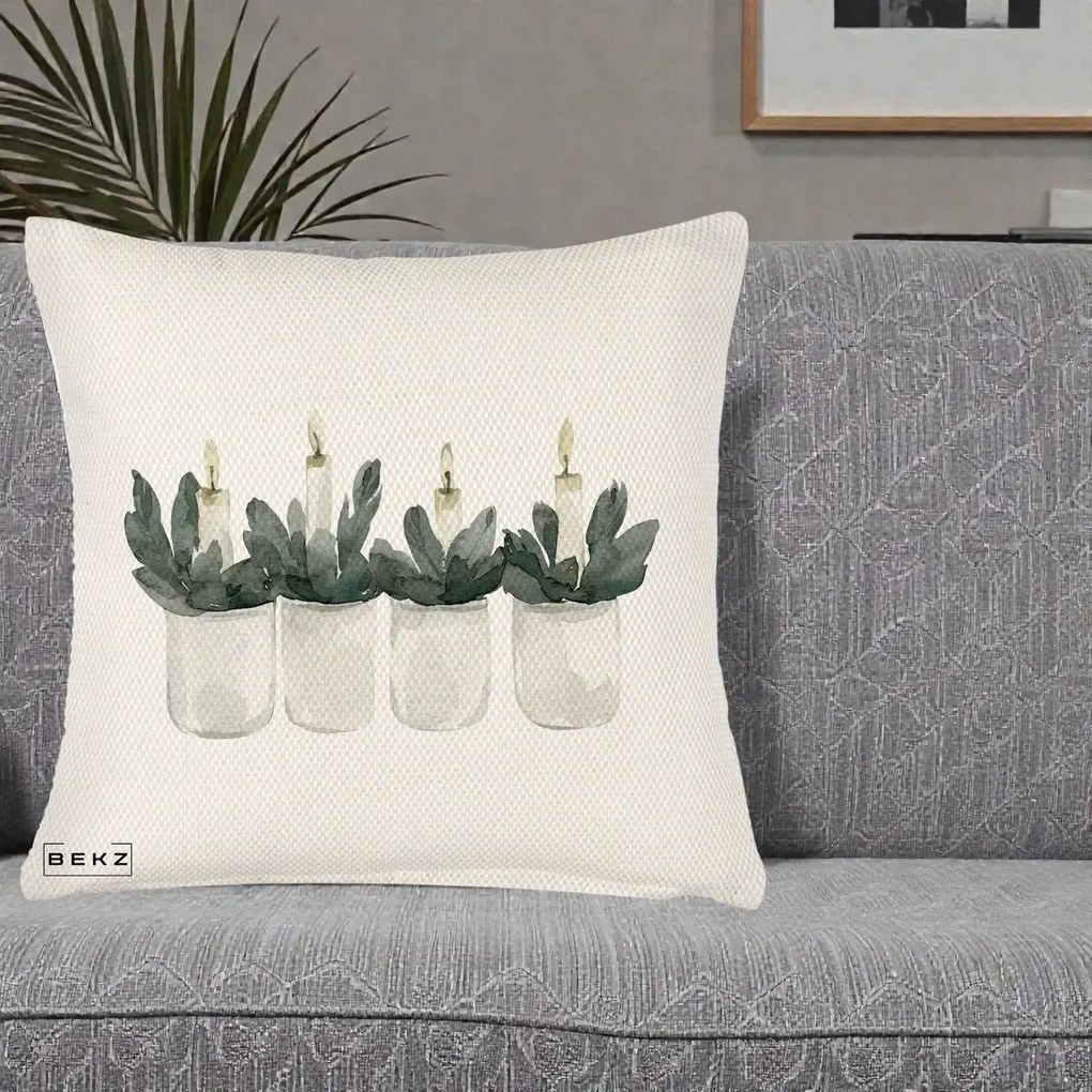 Perna Decorativa Lumanari in Borcane cu Eucalipt, 40x40 cm, Crem Reliefat, Husa Detasabila, Perna Inclusa, BEKZ®