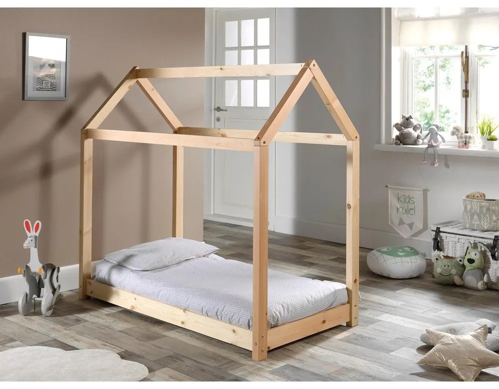 Pat în formă de casă pentru copii Vipack Cabane, 70 x 140 cm