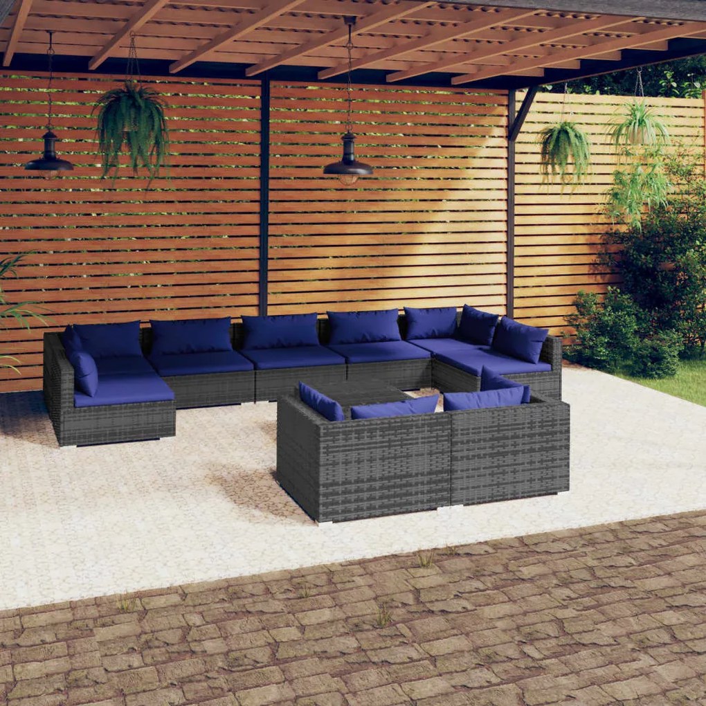 3102070 vidaXL Set mobilier de grădină cu perne, 10 piese, gri, poliratan