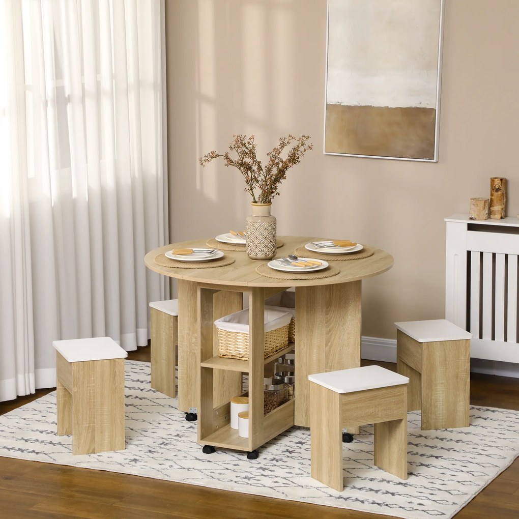 Set dining 4 persoane HOMCOM, masa de bucatarie cu extensie plianta, rotile, 4 scaune, culoare stejar | Aosom RO