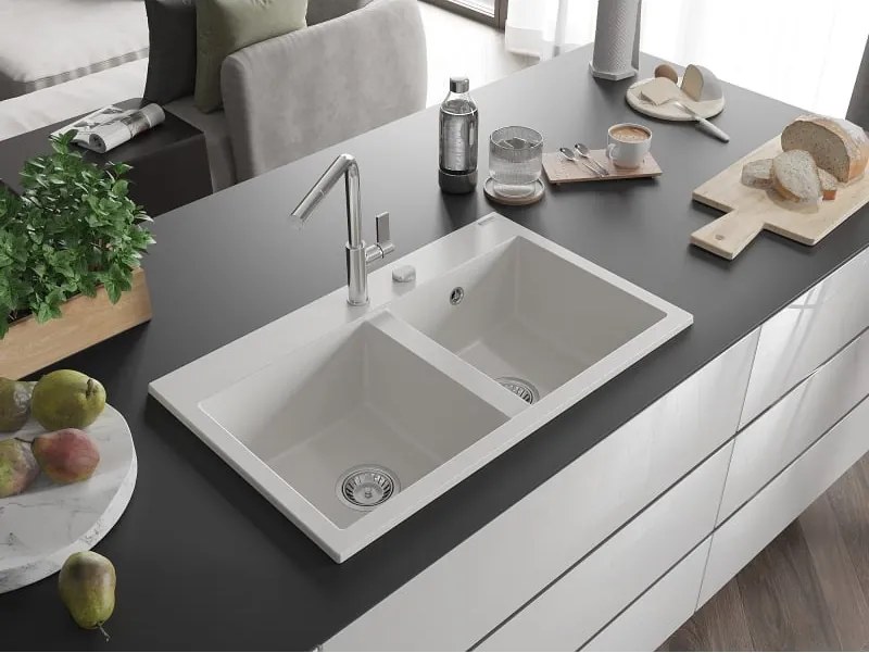 Mexen Hektor chiuvetă de bucătărie din granit cu 2 compartimente 800 x 480 mm, albă, sifon crom - 6521802000-20