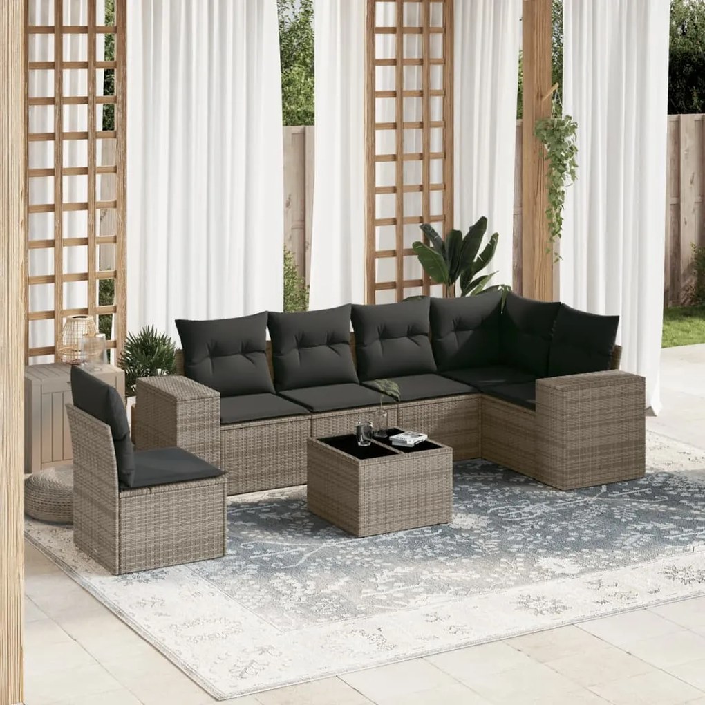 vidaXL Set canapele de grădină, 7 piese, cu perne, gri, poliratan
