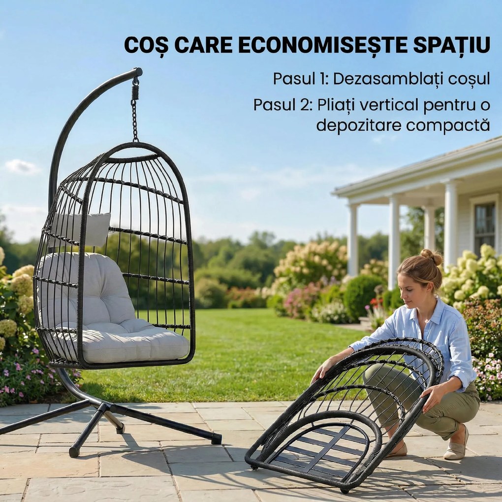 Outsunny Scaun Suspendat Tip Ou, Leagăn pentru Exterior cu Suport și Centură de Siguranță, Negru/Gri Deschis | Aosom Romania