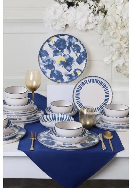 Set veselă 24 piese, alb/albastru, din ceramică stoneware