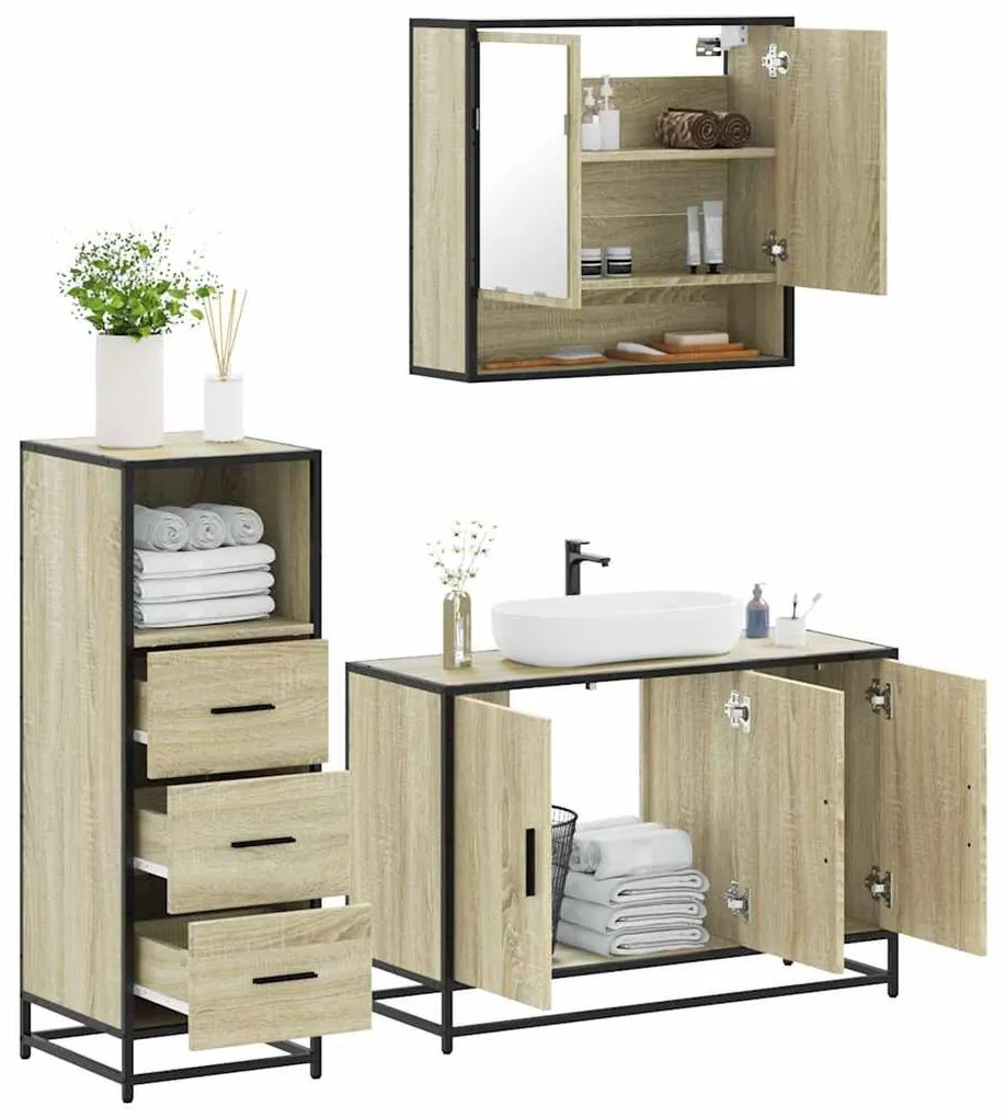 vidaXL Set mobilier de baie, 3 piese, stejar sonoma, lemn prelucrat