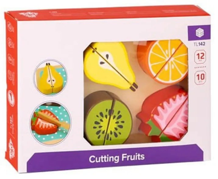 Puzzle 3D din lemn masiv NOVOKIDS™ Wooden Fruit Cutter, 10 piese, Cu fructe taiate, Materiale Eco, Multicolor