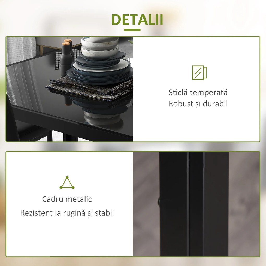 Homcom Set Masa de Luat Masa cu 4 Scaune Tapitate, Design Modern pentru Sala de Mese, Metal Sticlă PU, Negru | Aosom Romania